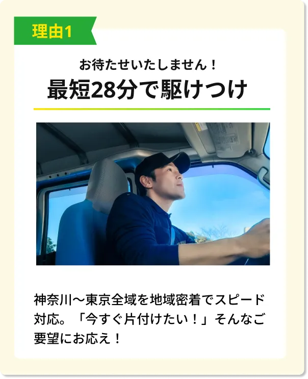 神奈川・東京の不用品回収、最短28分で即日対応。地域密着のスピード訪問で「今すぐ片付けたい」ご要望にお応えします。